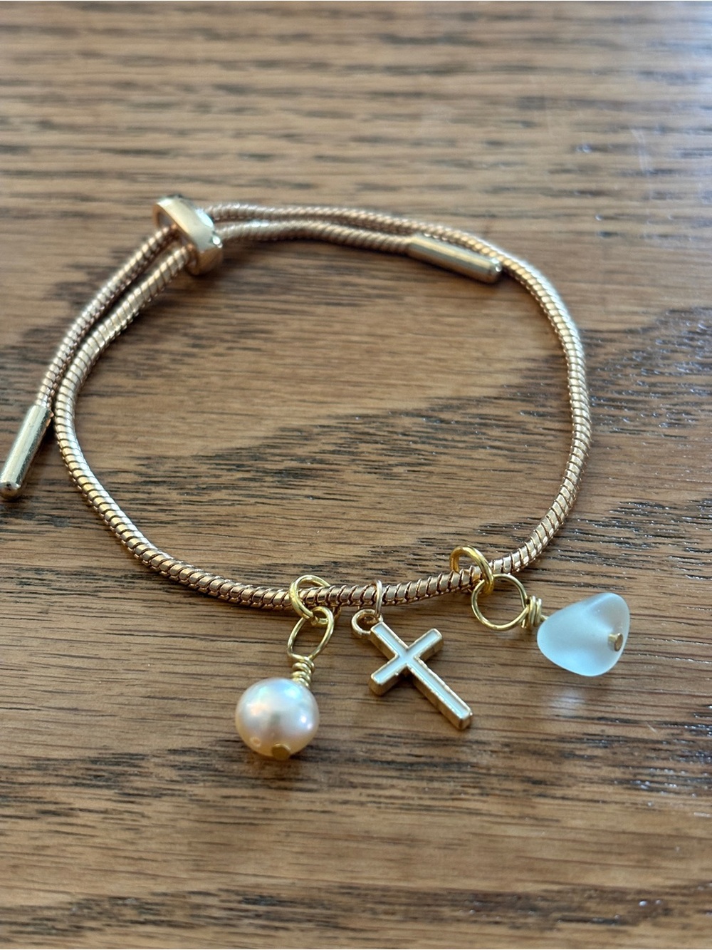 Gold Tone Adjustable Bracelet with Cross, Real Pearl & Sea Glass Charms